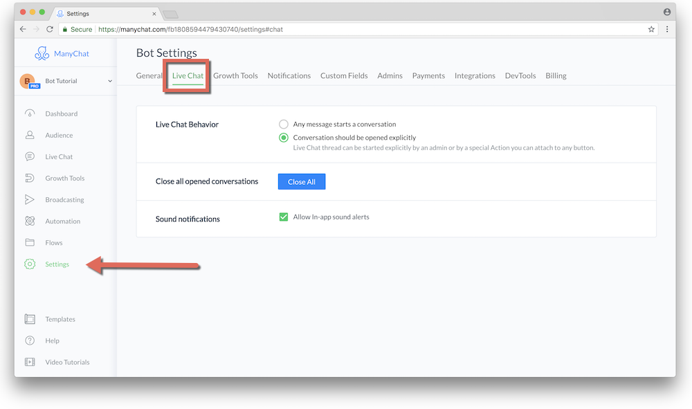 Live Chat Behavior Settings Inside Manychat
