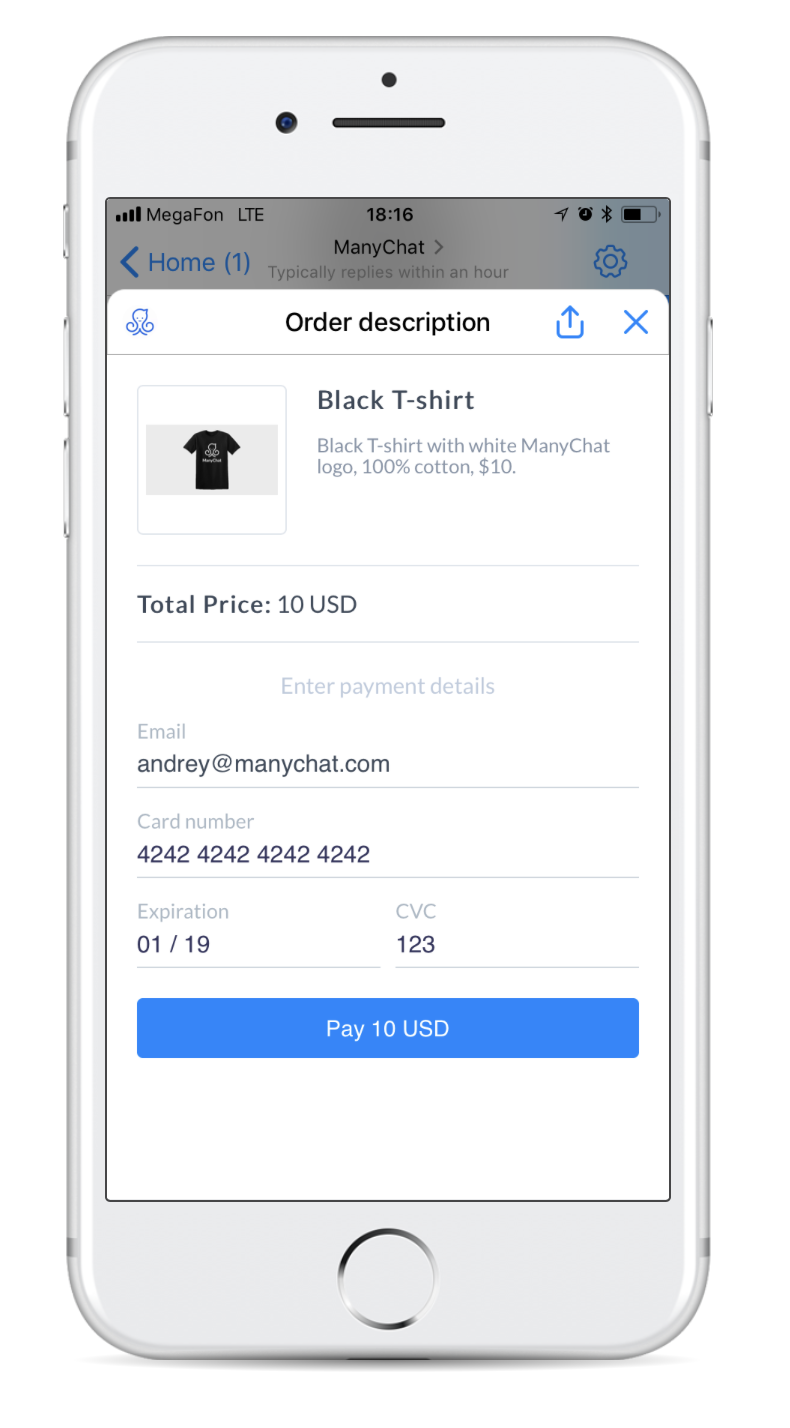 order description example of Facebook Messenger Payments in Manychat