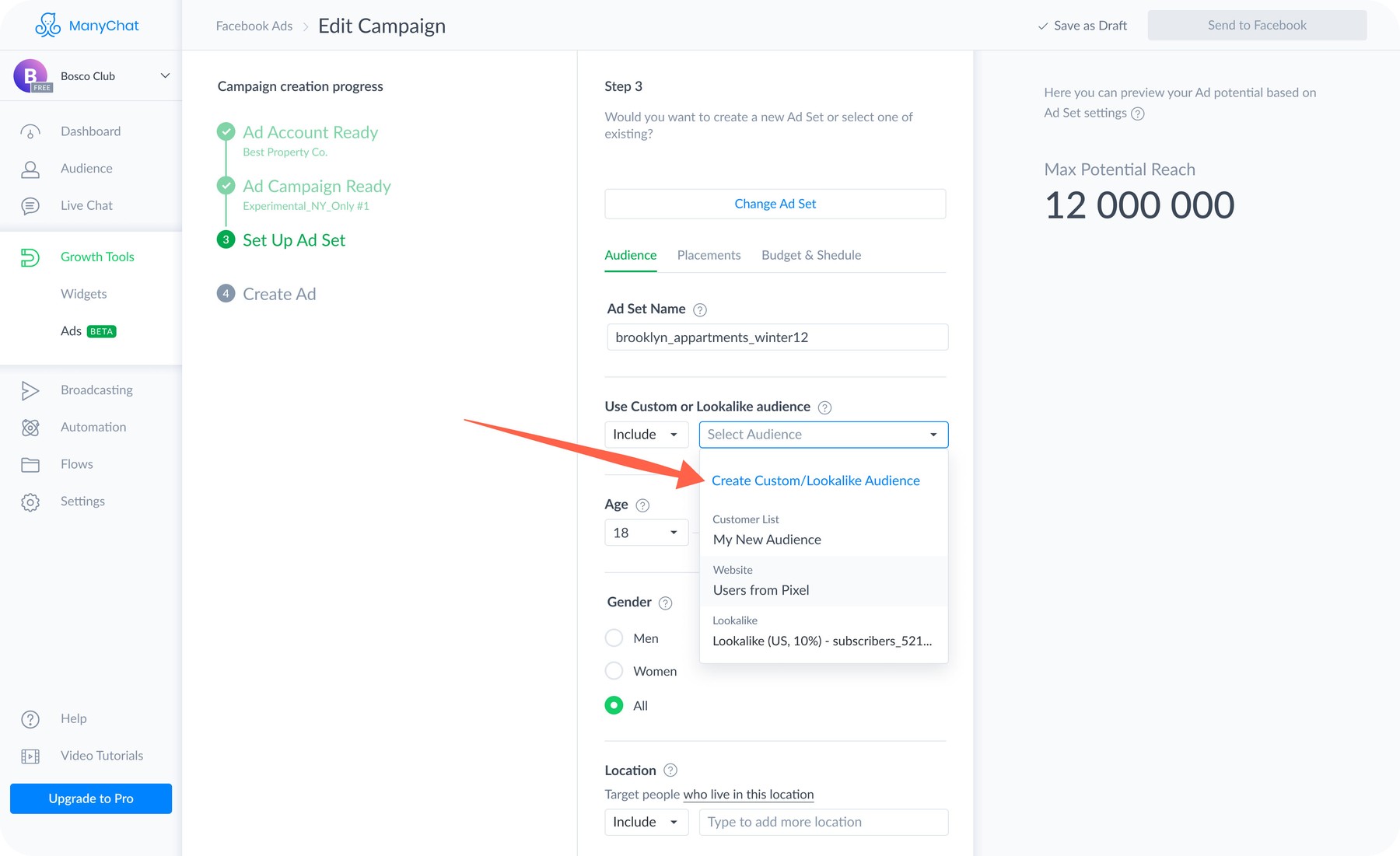 Step 1 in setting up a Custom Audience with Manychat