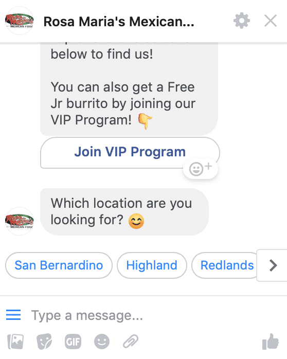 Screenshot of Rosa Maria's Mexican Restaurant using a Manychat bot
