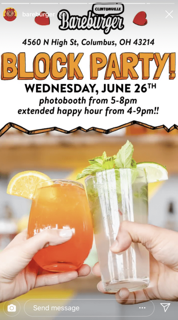 Block Party Instagram ad at Bareburger in Clintonville