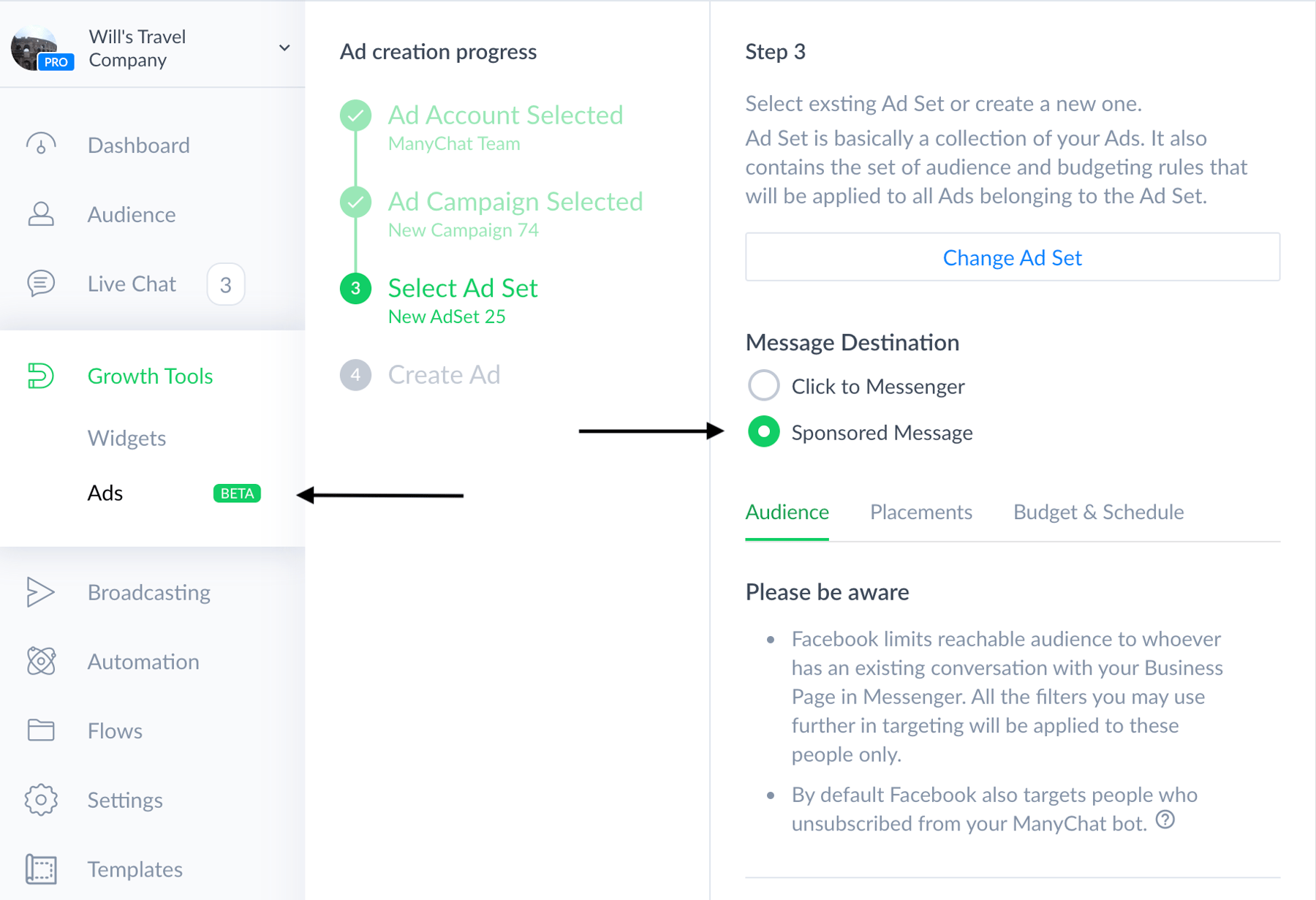 This images shows how you can build sponsored messages right inside Manychat