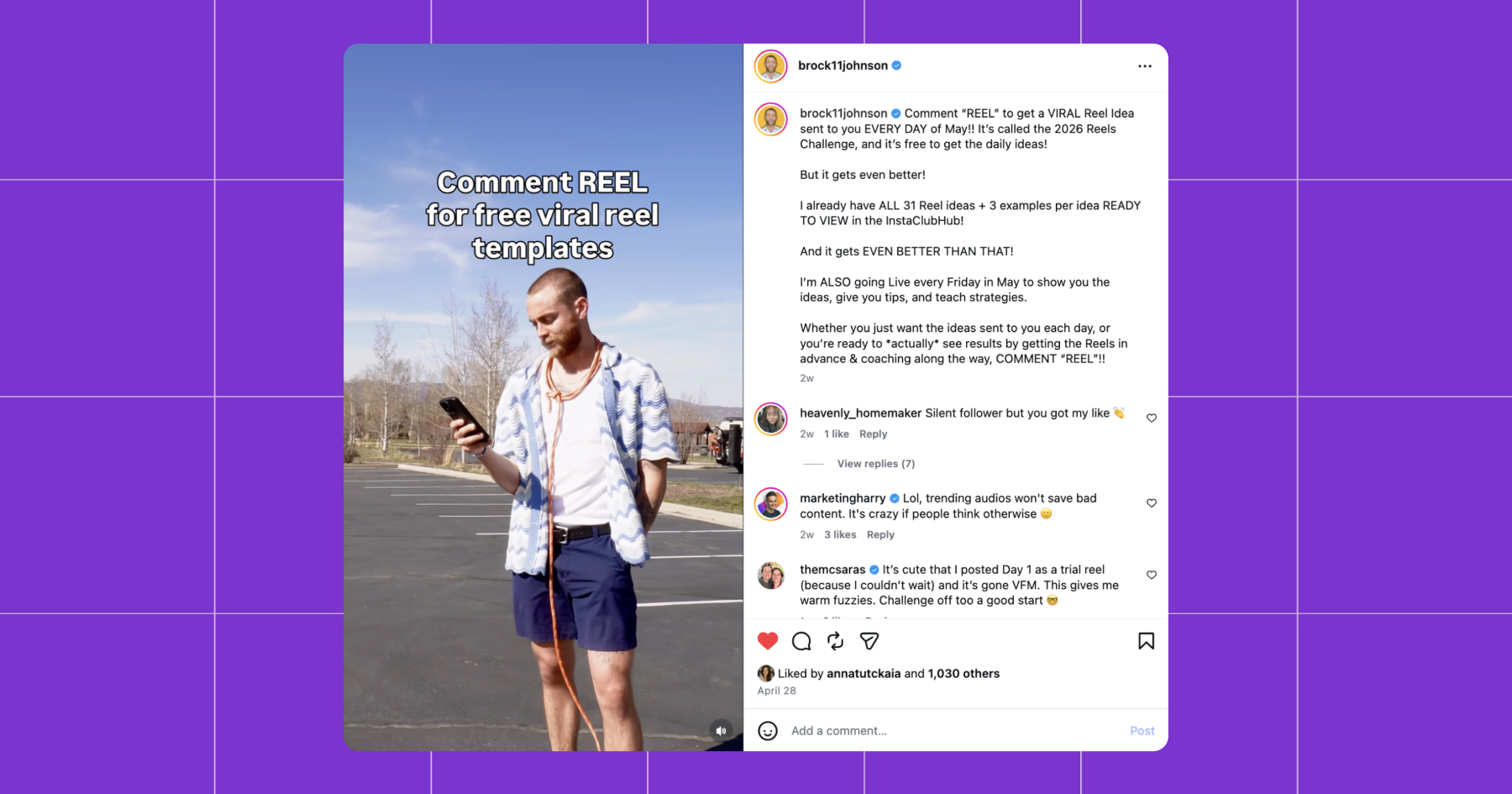 Screenshot of a Brock Johnson Instagram post with a template lead magnet example