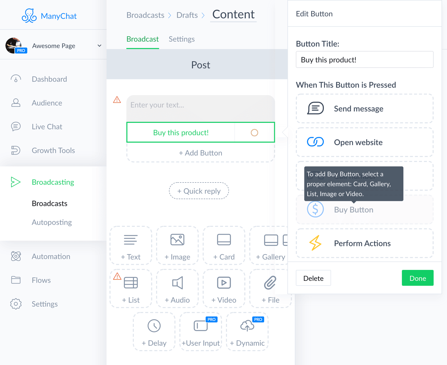 How to add buy button to flow in Manychat