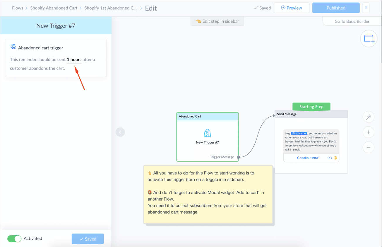 Shopify and Manychat abandoned cart flow