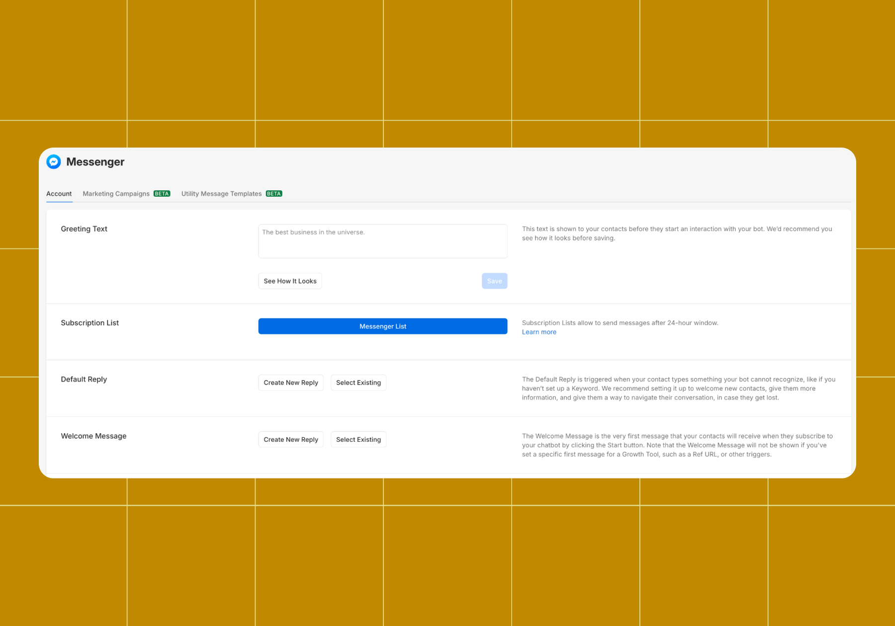 Screenshot of options for Messenger's Greeting Text, Subscription List, Default Reply and Welcome Message (the focus of these instructions) 