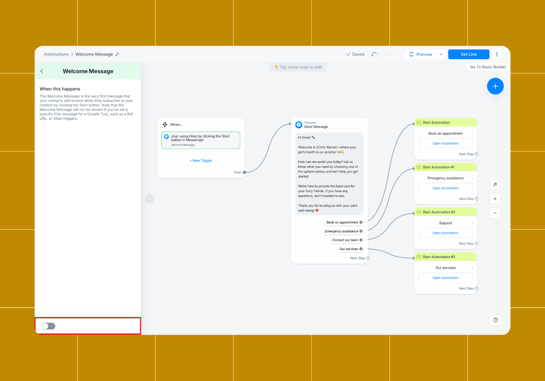 Screenshot of an example Welcome Message flow 