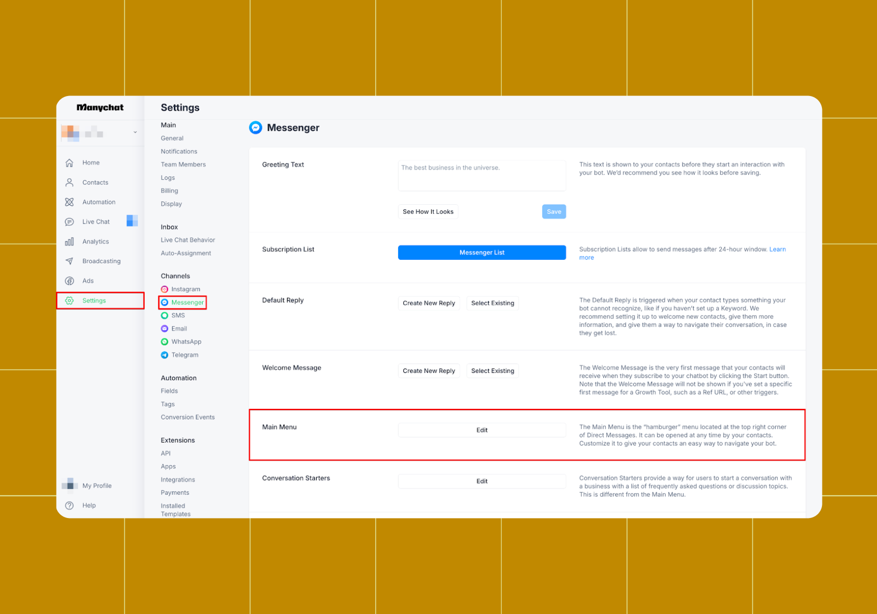 Screenshot of Welcome Message options 
