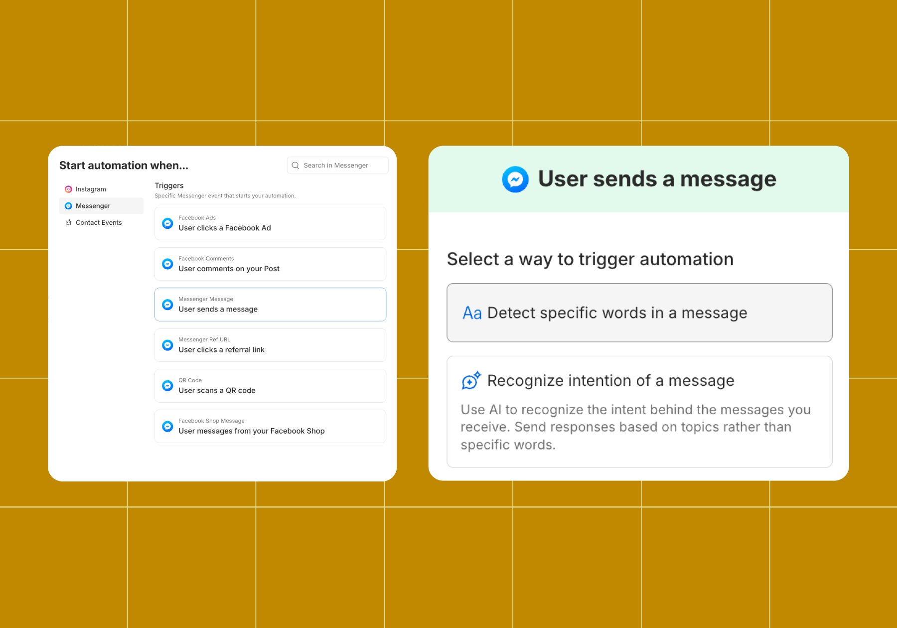 Screenshot of "Start automation when" with "User sends a message" selected; the second image shows "User sends a message" options with "Detect specific words in a message" selected 