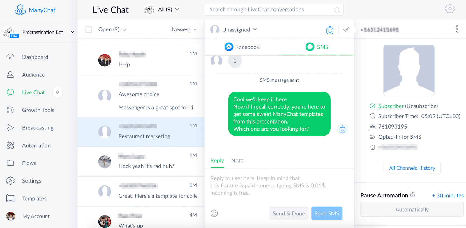 Manychat Live Chat example