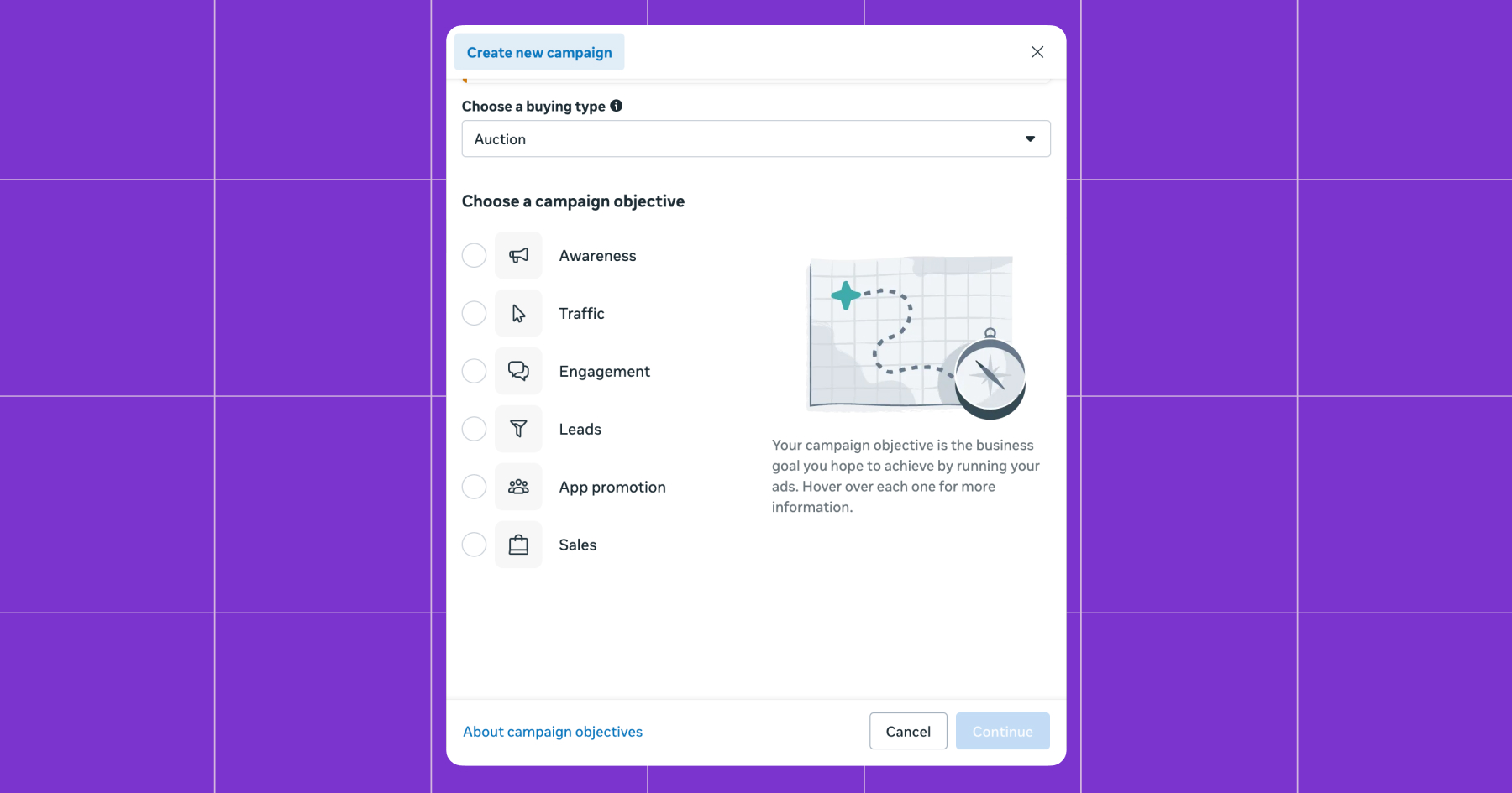 Screenshot of options to Create a new campaign: Awareness, Traffic, Engagement, Leads, App promotion, and Sales 