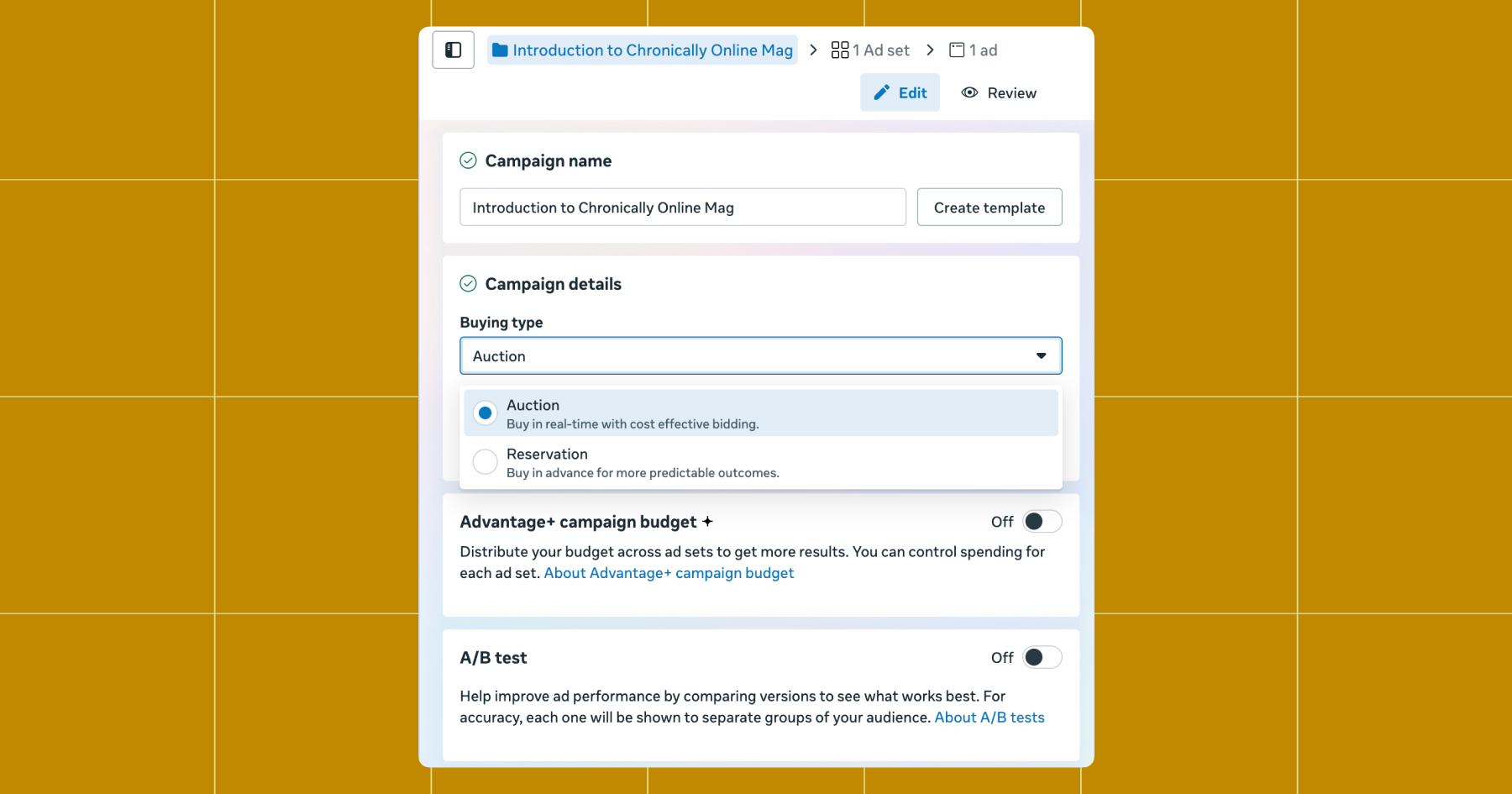 Screenshot of default setting showing Advantage+ campaign budget toggled off 
