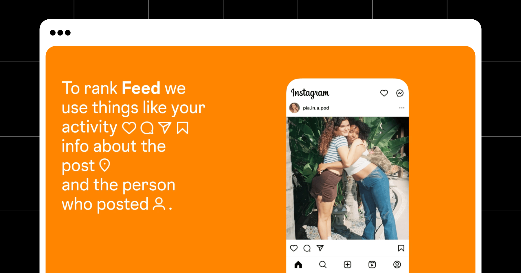 Screenshot of page explaining how the Instagram feed algorithm works: "To rank Feed we use things like your activity, info about the post, and the person who posted". 