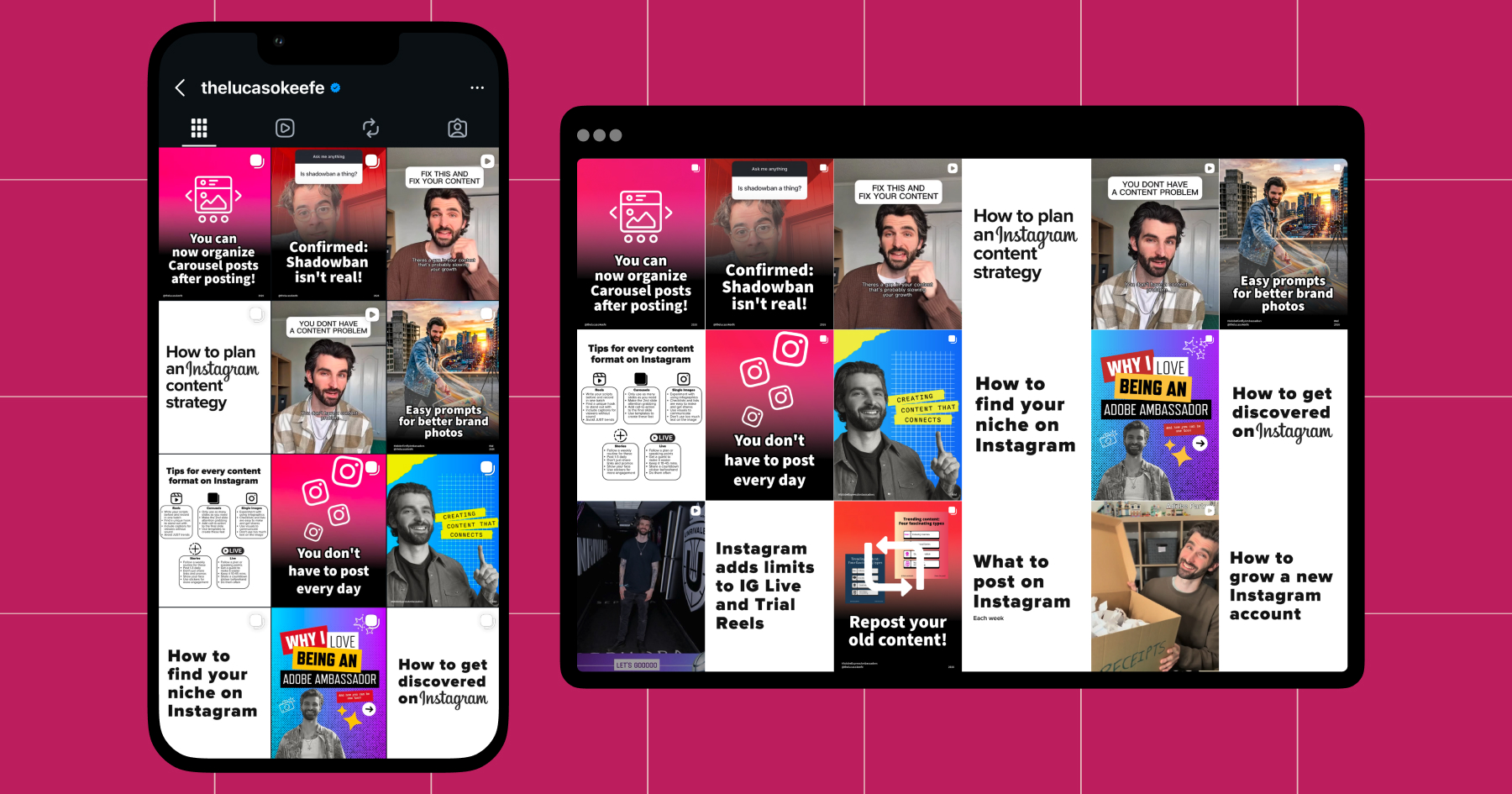 Screenshot of how an Instagram profile grid looks on mobile and on desktop