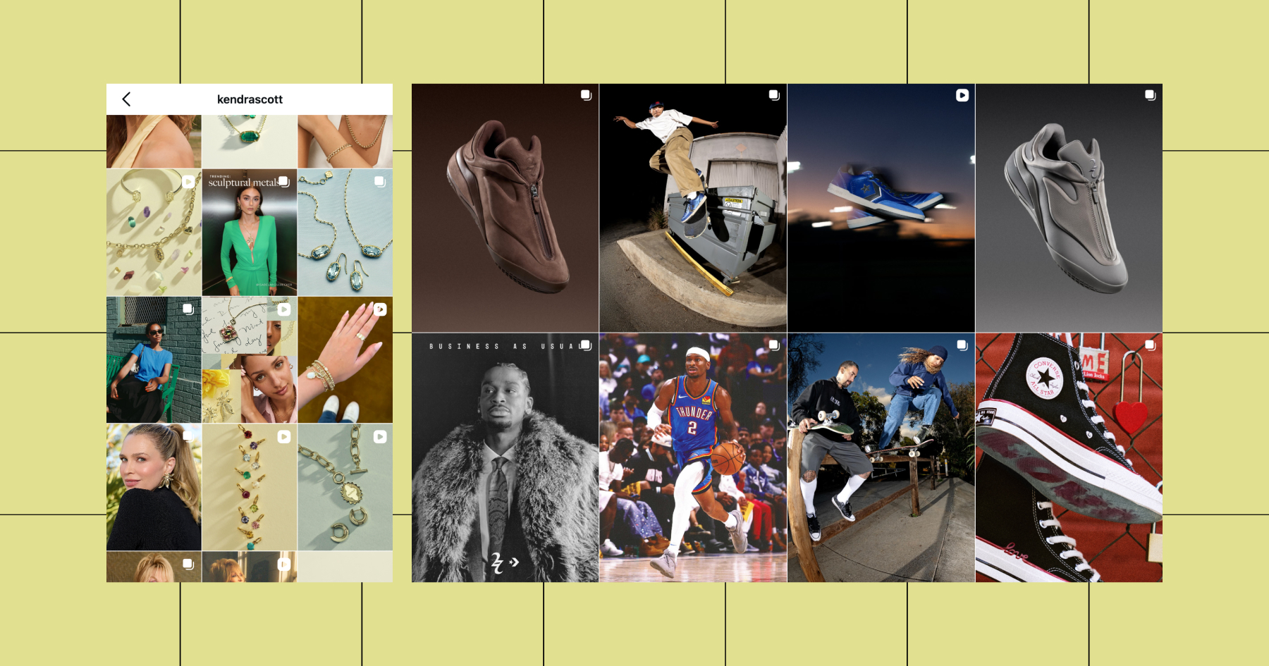 Screenshot of example flay lay grids on Instagram 