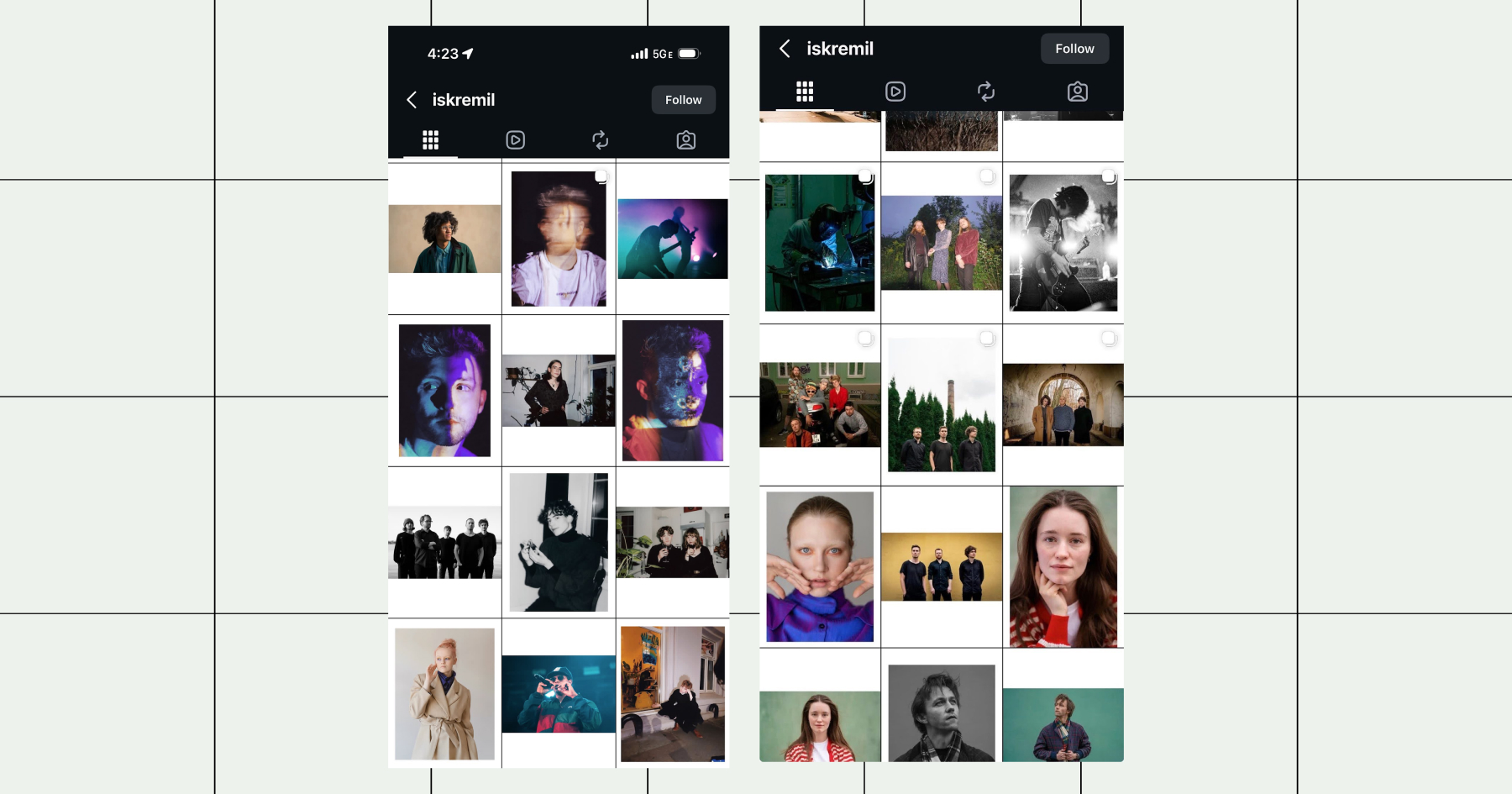 Screenshots of Instagram grids with boarders around their images 