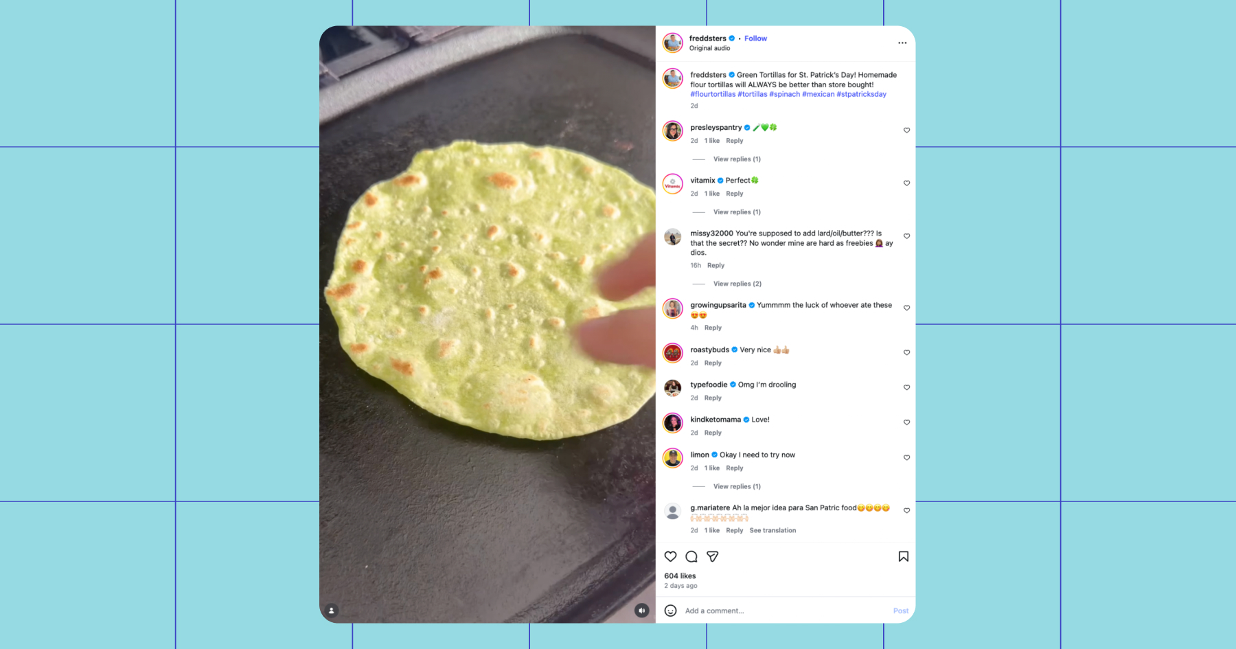 Screenshot of a recipe on Instagram for green tortillas for St. Patrick's Day 