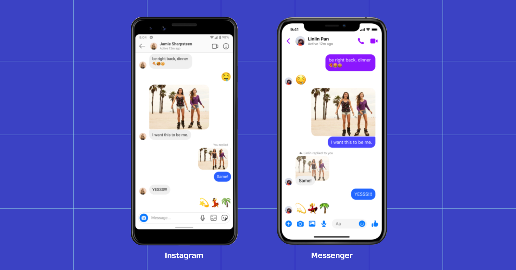 Screenshots of the same messages on Instagram and Messenger 