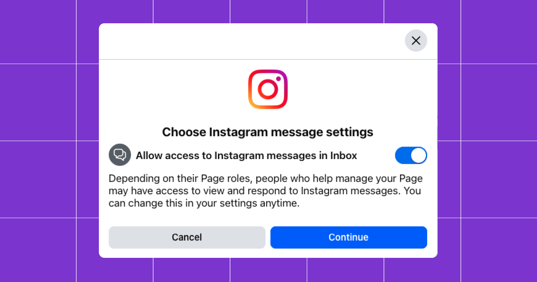 Screenshot of Instagram message settings with the "allow access to Instagram messages in inbox" option toggled on 