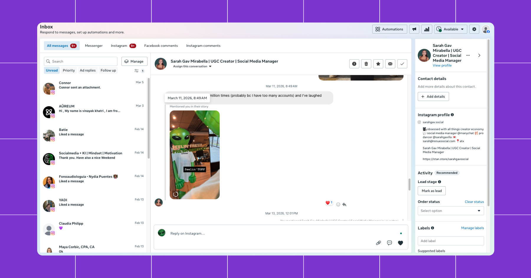 Screenshot of Meta Business Suite’s unified Inbox