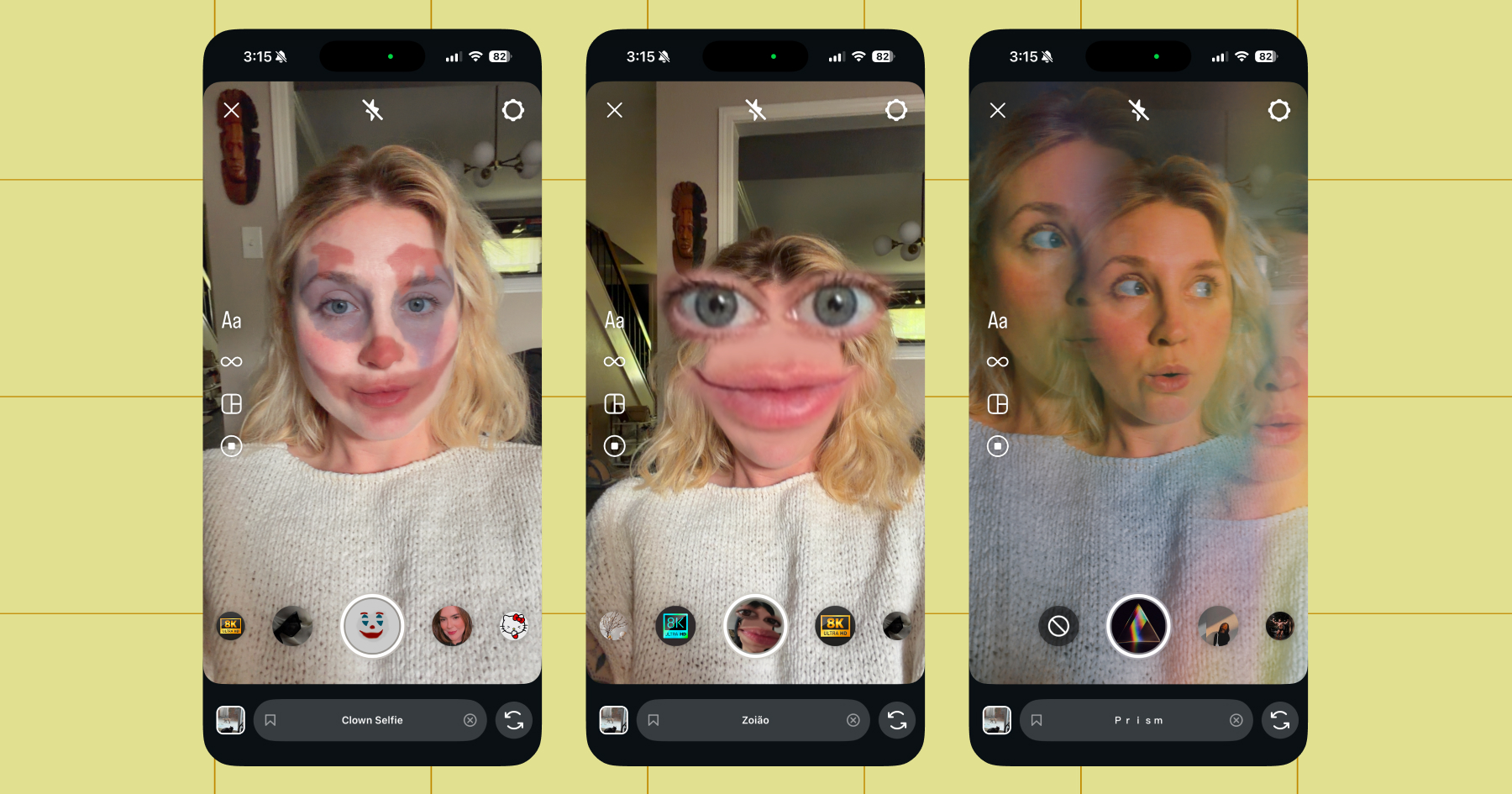 Screenshot of the author testing several Instagram Story filters