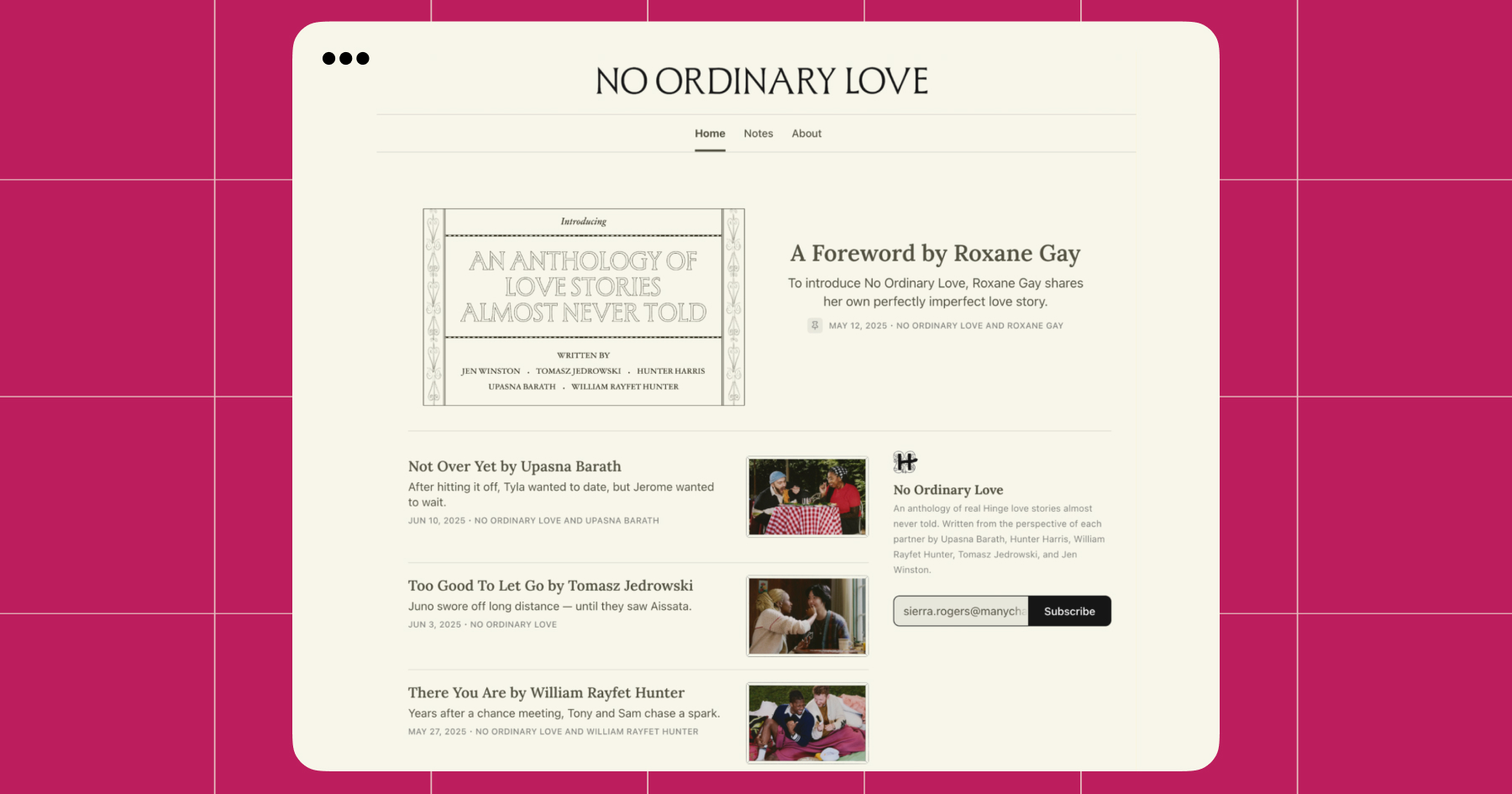 Screenshot of the campaign run by dating app Hinge called “No Ordinary Love” on Substack