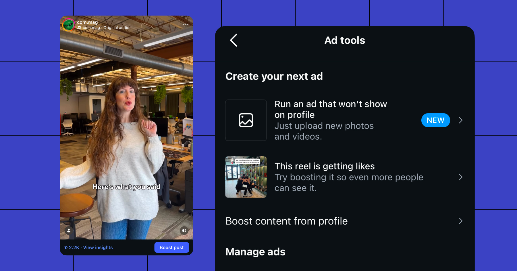 Screenshot of Instagram Ad tools options for "Create your next ad"