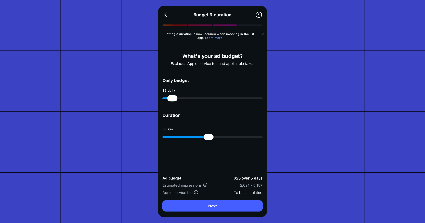 Screenshot of Budget & duration options: "What's your ad budget?"