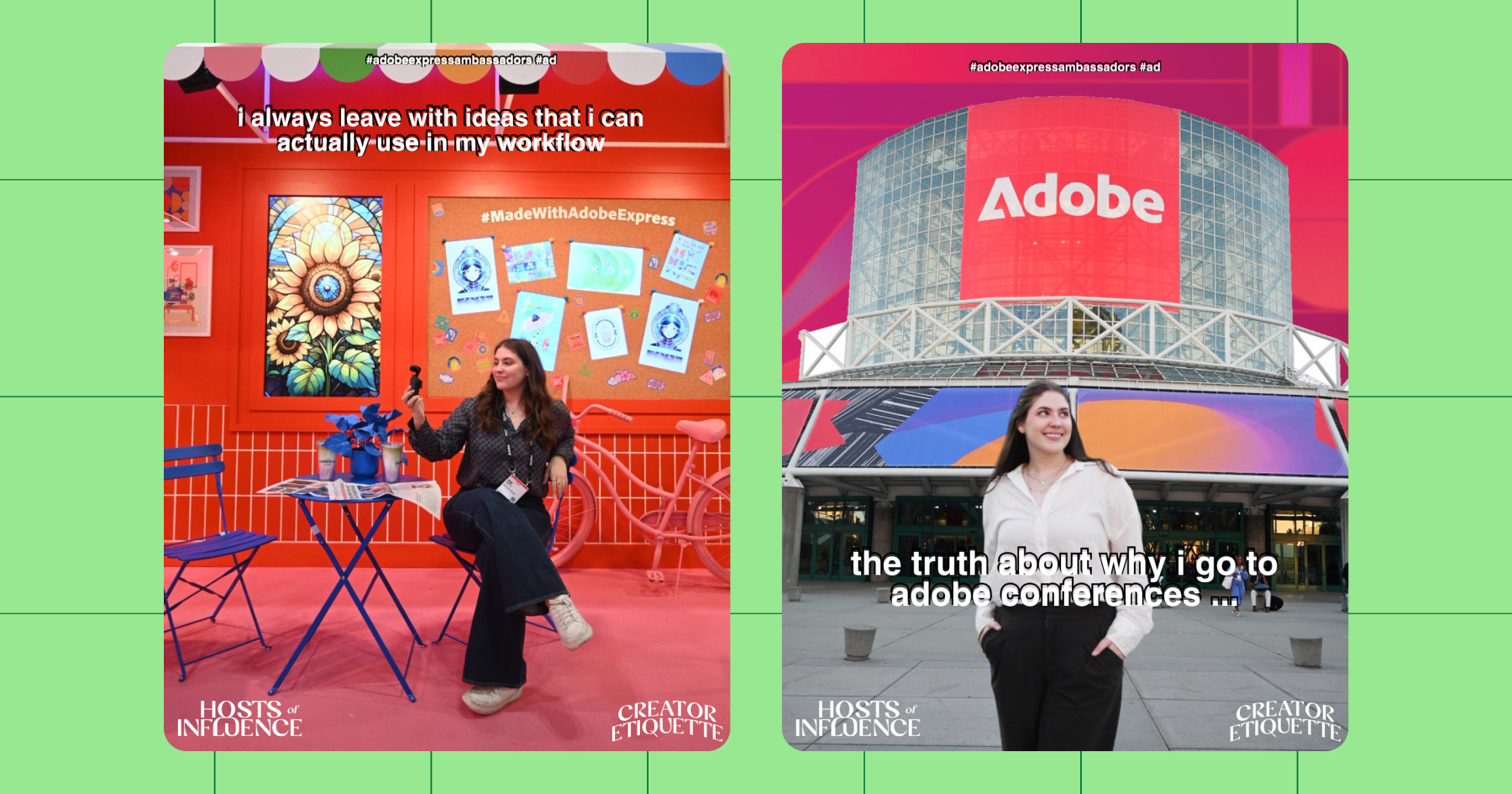 Screenshots of an Adobe brand ambassador's content from an Adobe event on Instagram 
