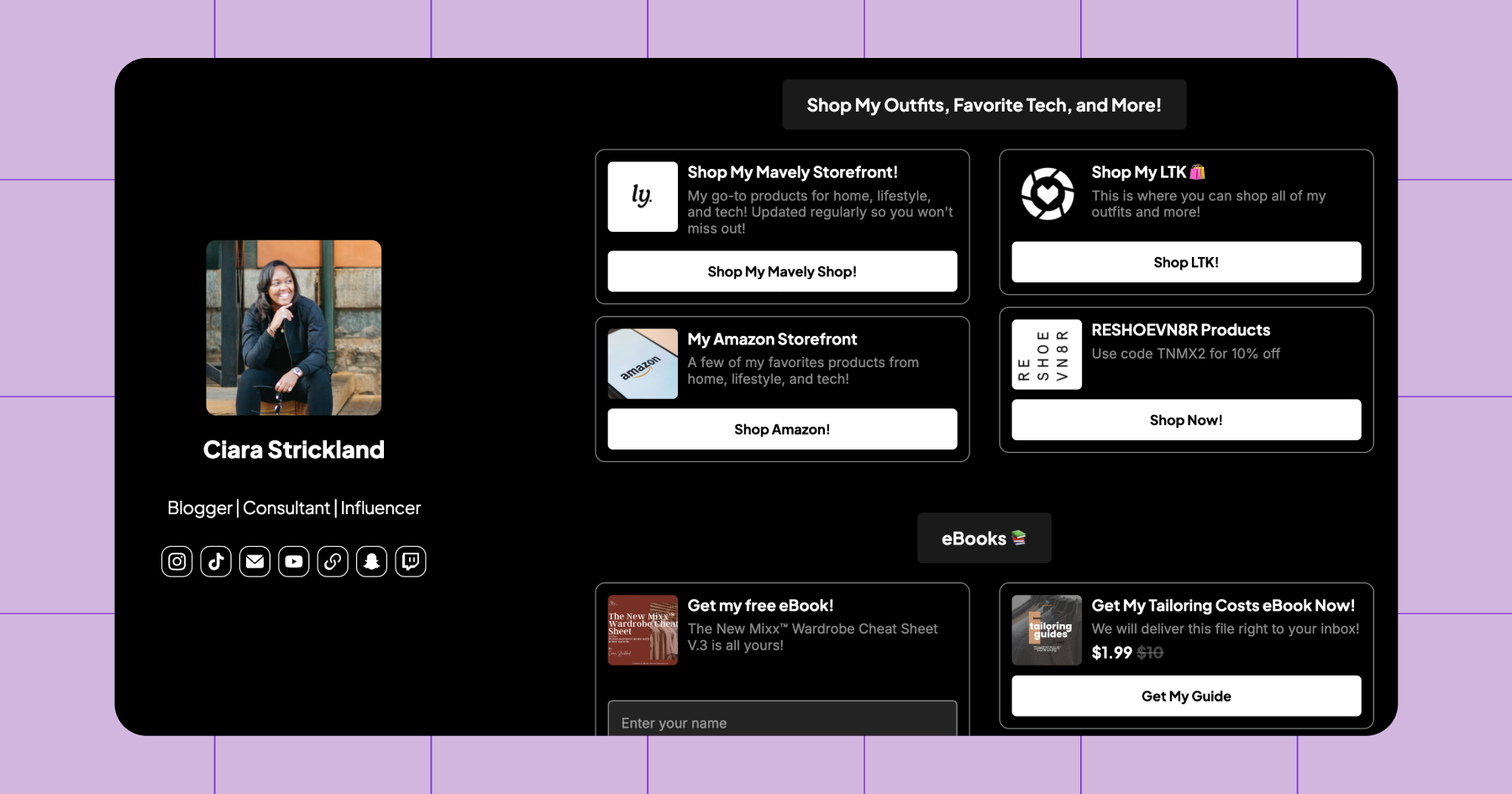Screenshot of creator Ciara Strickland's Stan Store