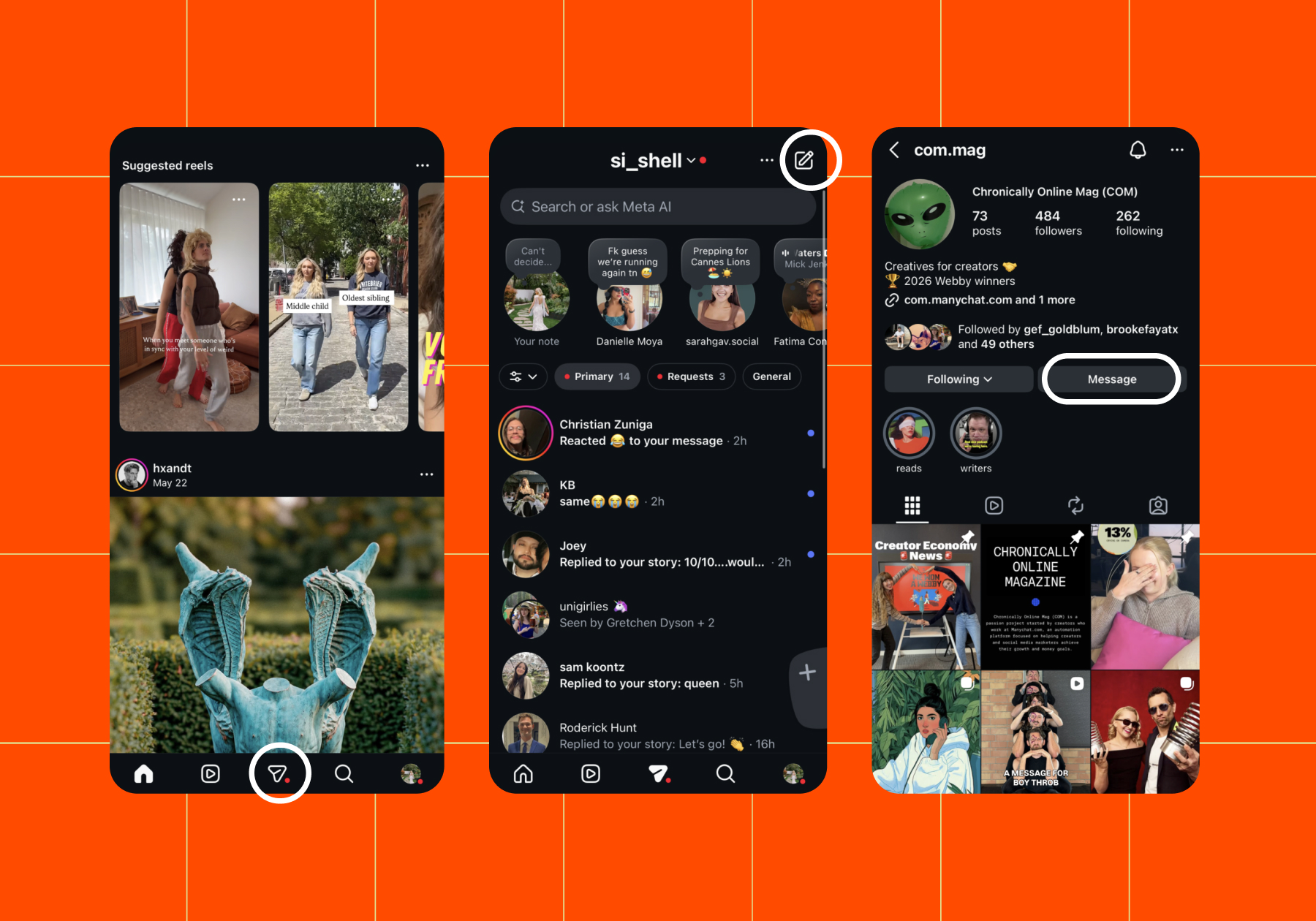 Screenshots of the steps involved in sending an Instagram direct message on mobile 