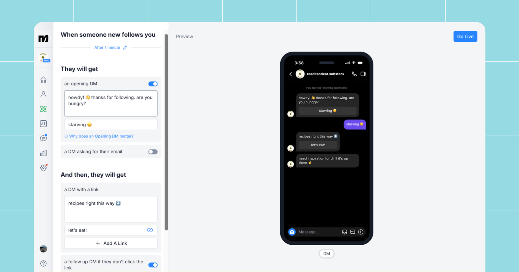 Screenshot of the "when someone follows you" or Follow to DM quick automation in Manychat