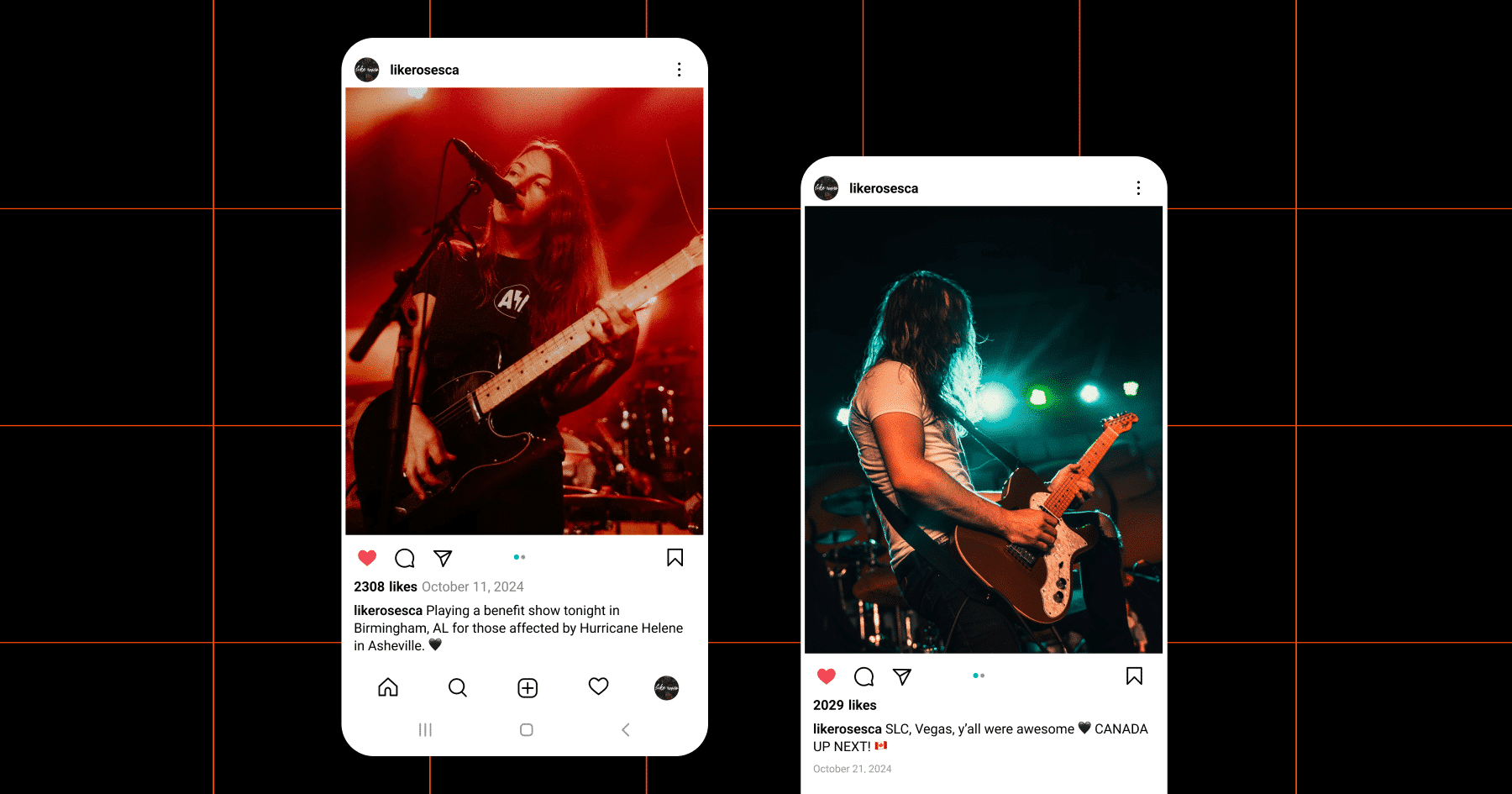 Screencaps of @likerosesca on Instagram playing live shows. Both show band members on stage with a guitar, lit up by stage lights. 
