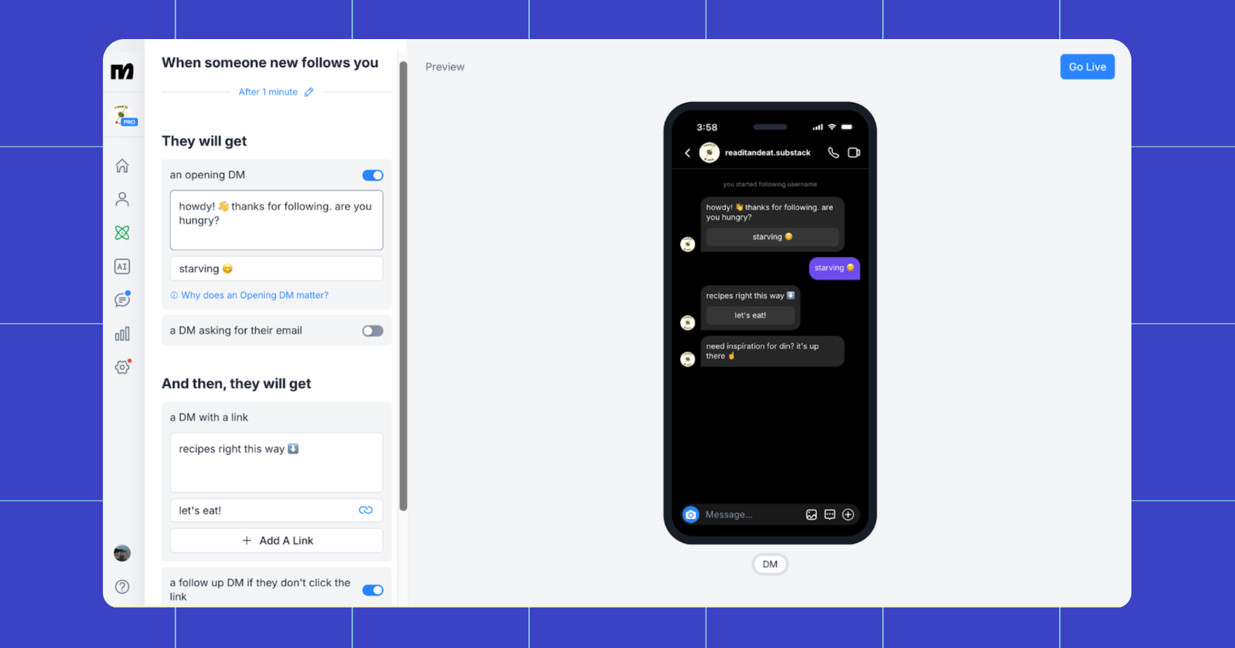Screenshot showing a Follow to DM message flow in Manychat 