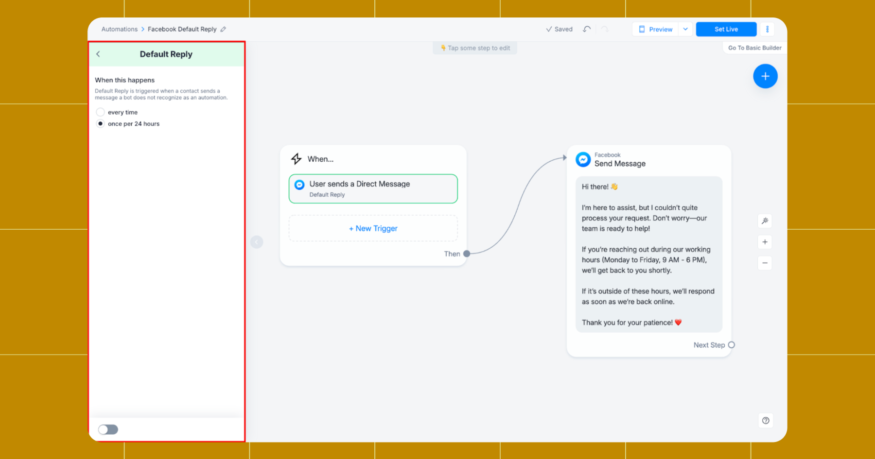 Screenshot of setting up a default reply flow in a Manychat account 