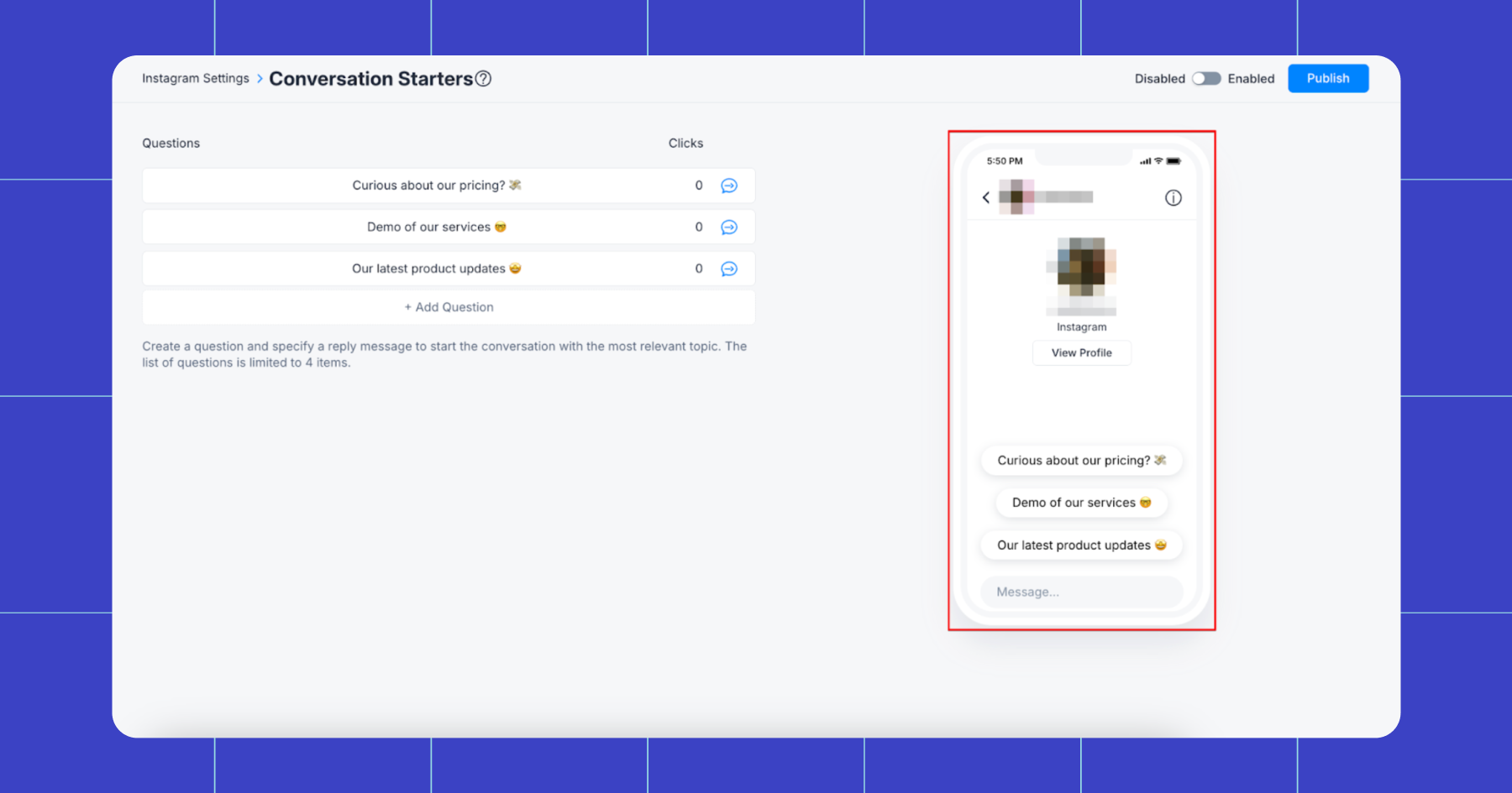 Screenshot of conversation starters in Manychat 
