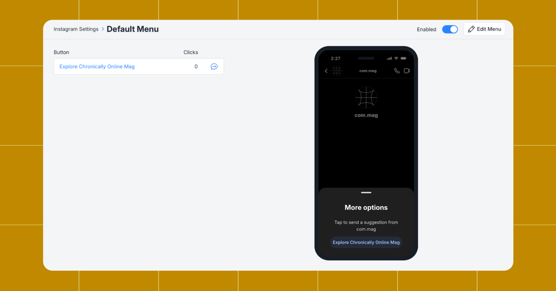 Screenshot of the Manychat main menu, aka default menu 