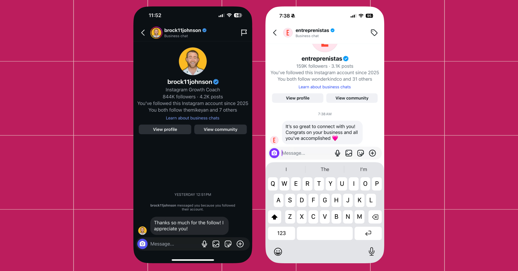 Screenshot of example Follow to DM messages from creator Brock Johnson and account Entreprenistas