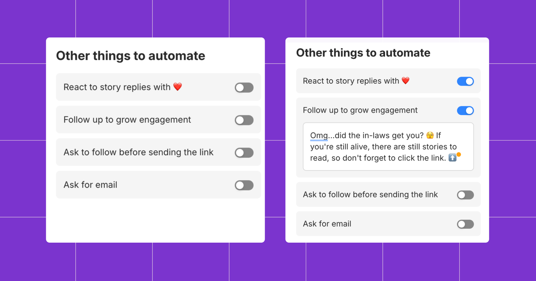 Screenshot of follow-up message options you can toggle on: React to Story replies with (heart emoji), Follow up to grow engagement (example text included), Ask to follow before sending the link, and Ask for email 
