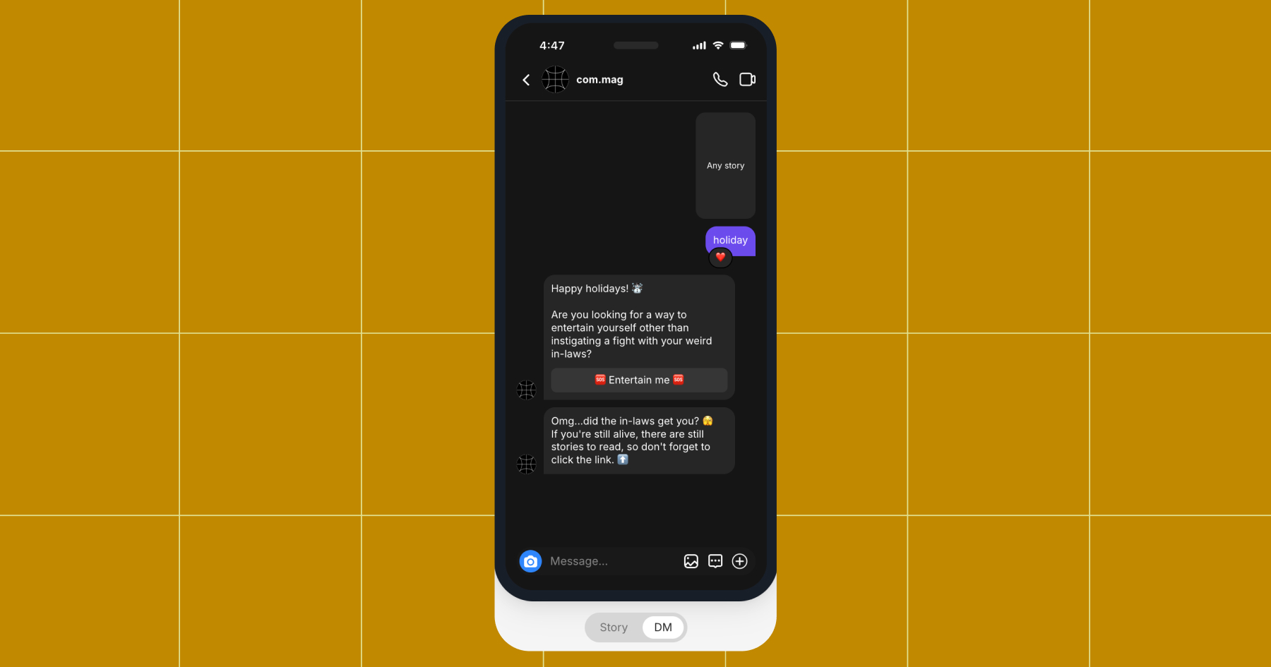 Screenshot of COM mag Instagram inbox using the Story reply automation we just walked through in the examples 