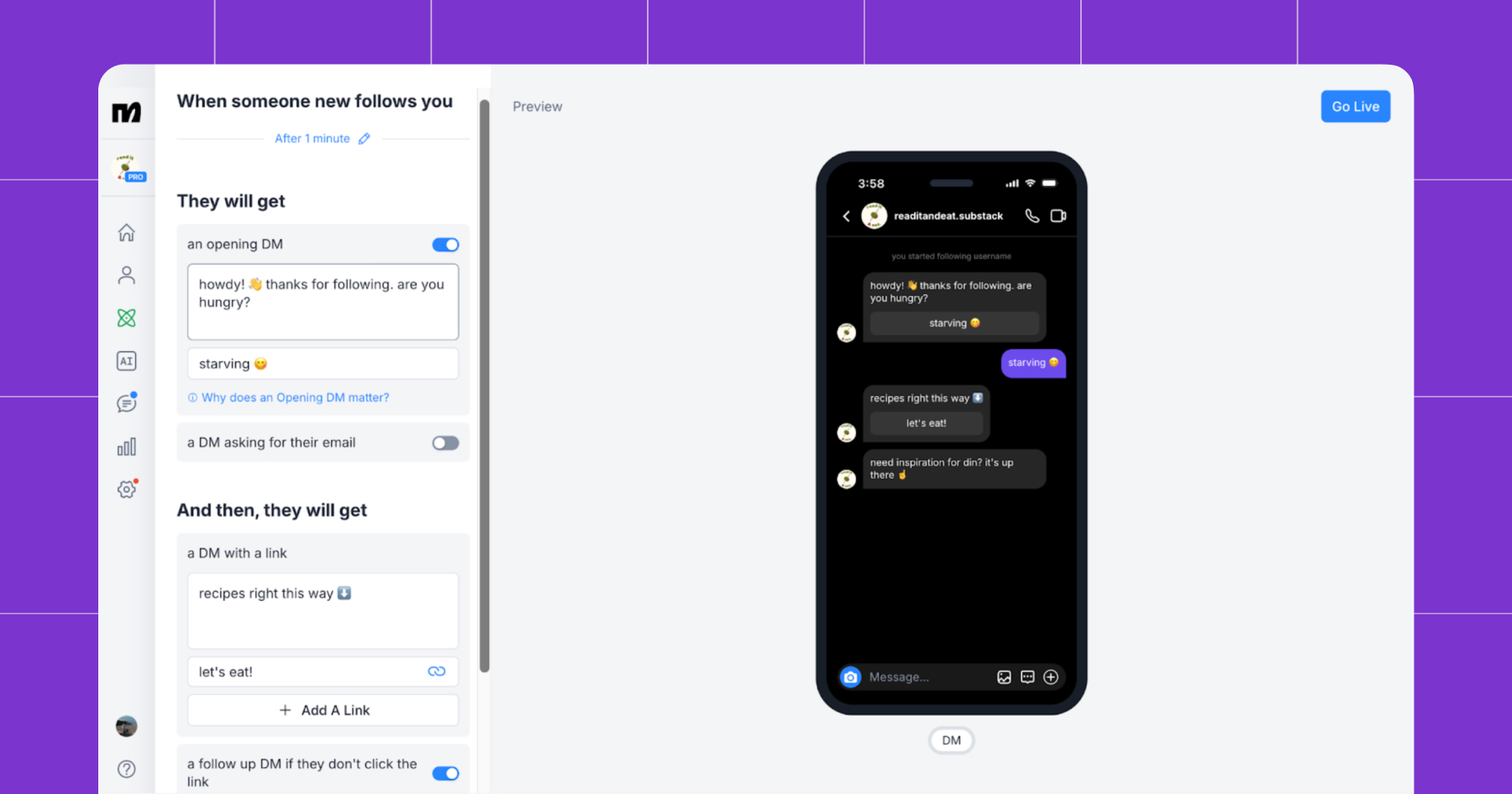 Screenshot of Manychat dashboard automating messages that will go out to new followers 