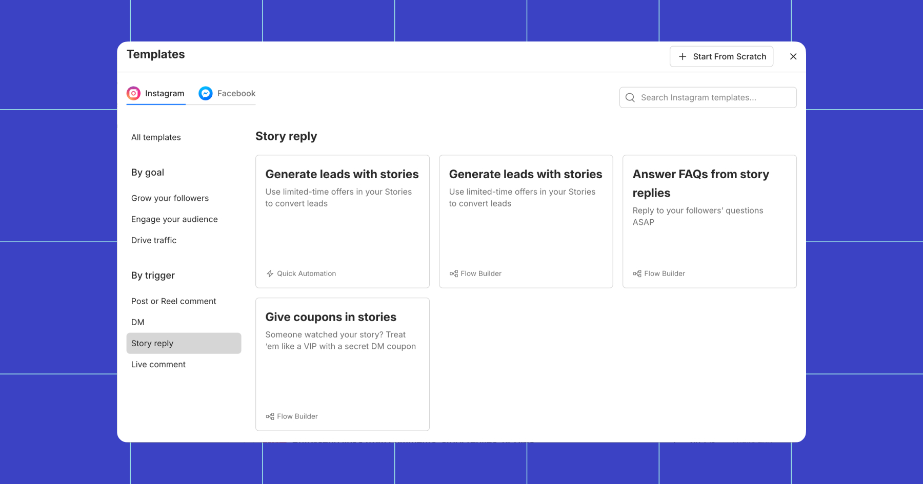 Screenshot of Manychat dashboard of template options for Story replies