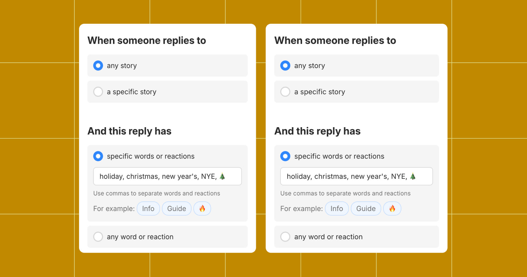 Screenshot of Manychat Story reply options 