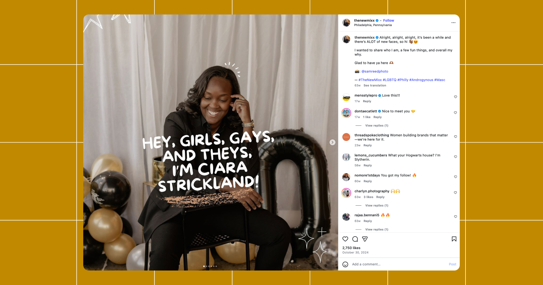 Screenshot of thenewmixx Instagram post with Ciara sitting in a chair and looking away from the camera, captioned "Hey, Girls, Gays, and Theys, I'm Ciara Strickland!" 