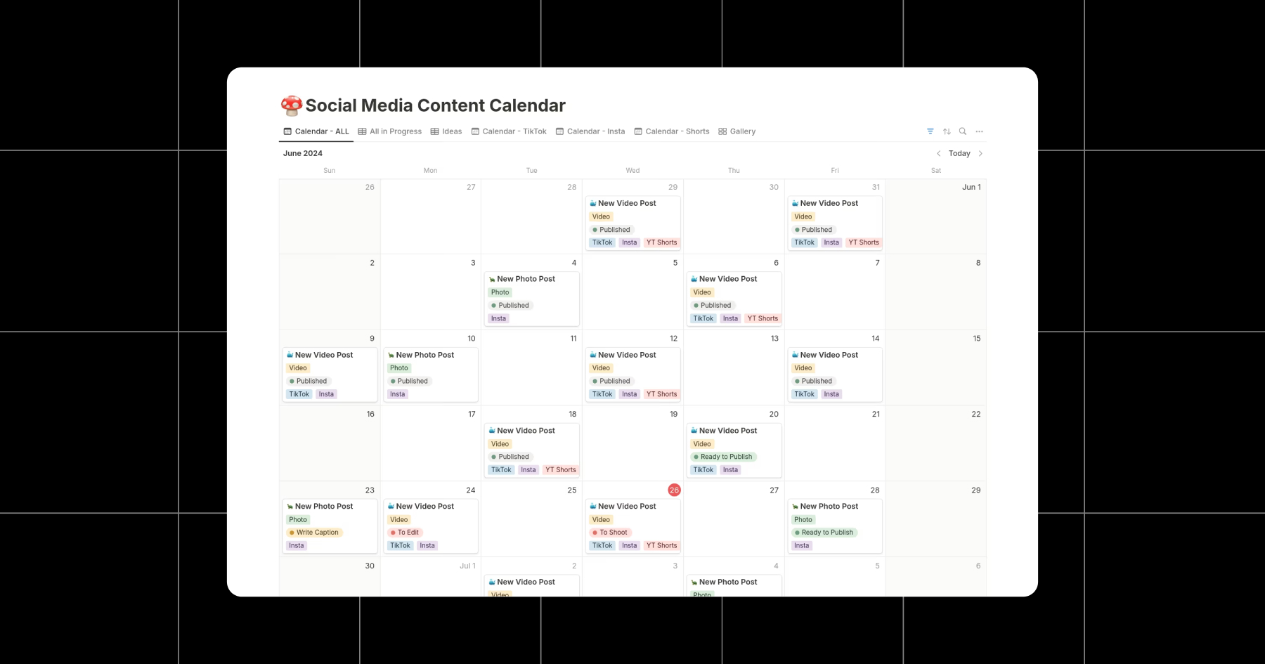 Screenshot of an example Social Media Content Calendar covering the month of June 2024 