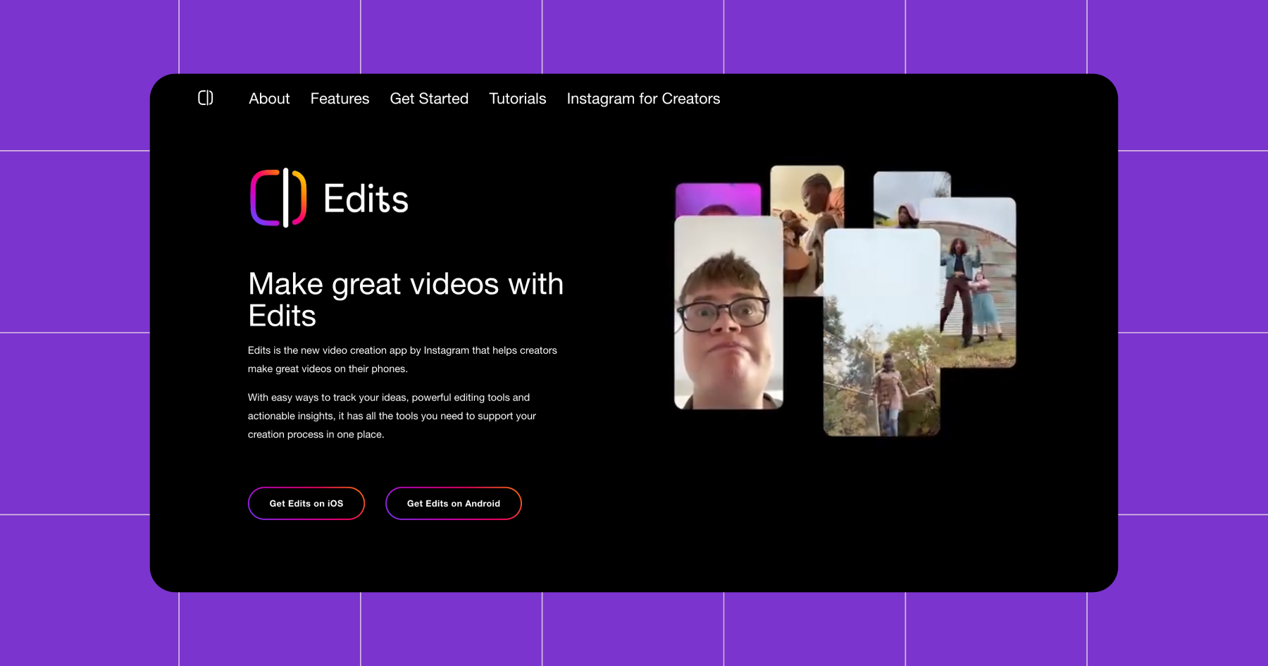 Screenshot of the Edits app homepage