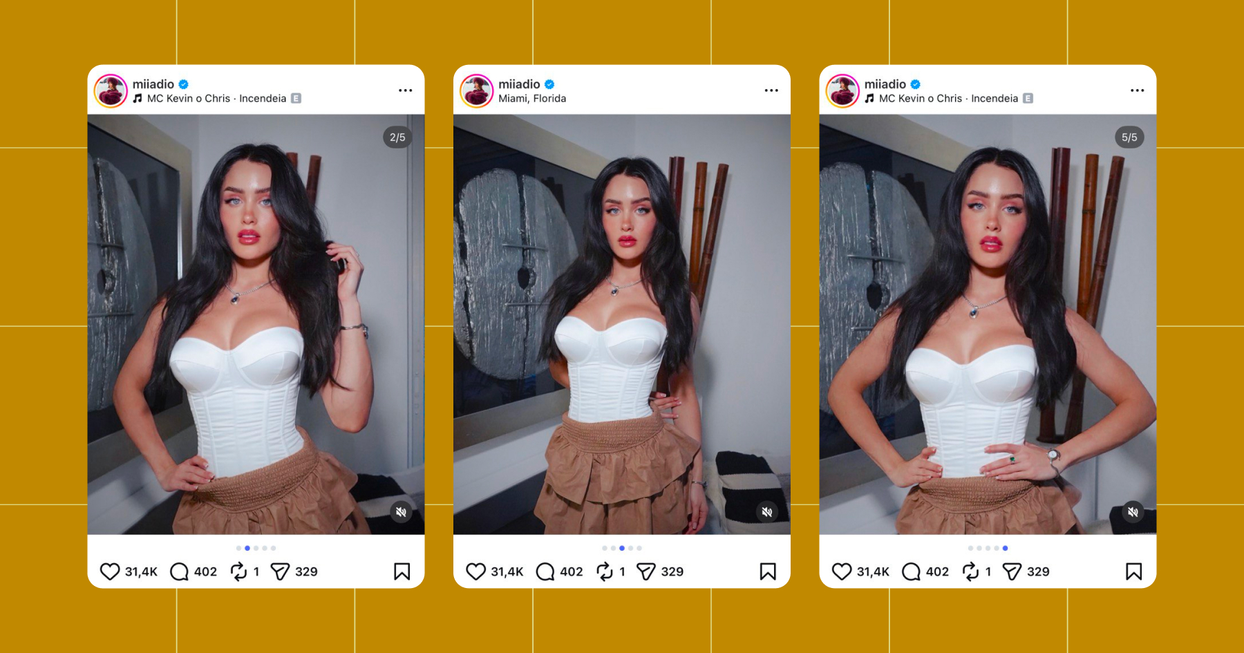 Screenshot of Mia Dio posing in a white corset top and brown skirt on her Instagram 