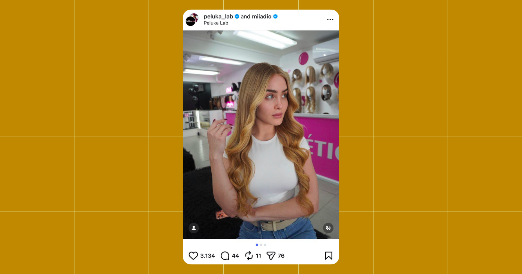 Screenshot of a partnership Instagram post between Mia Dio and Peluka Lab 