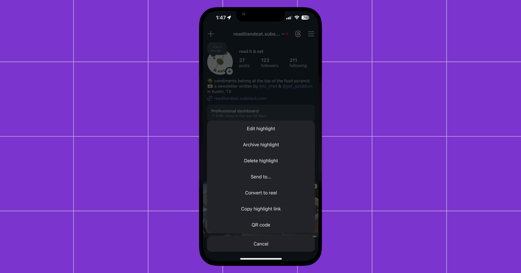 Screenshot of Instagram account showing how you can turn your Stories into a Reel by making them a Highlight and selecting Convert to Reel in the menu 