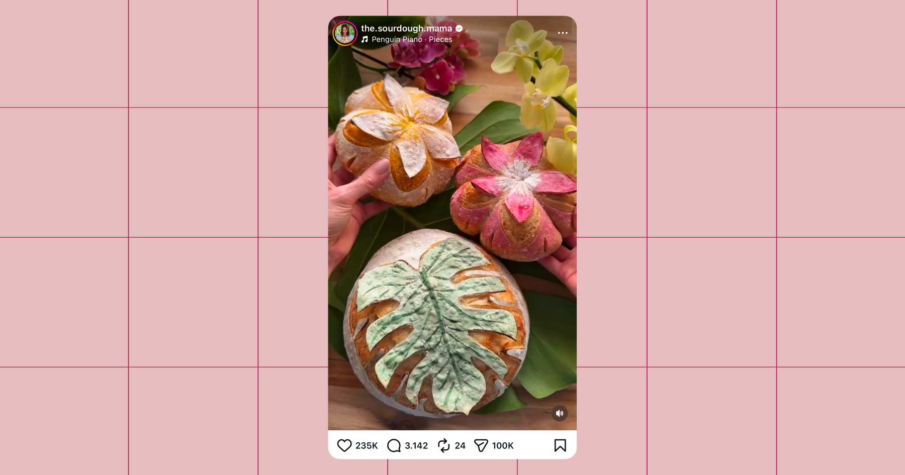 Screenshot of sourdoughmama's instagram account featuring some of her beautiful loaves of bread styled to look like flowers or leaves